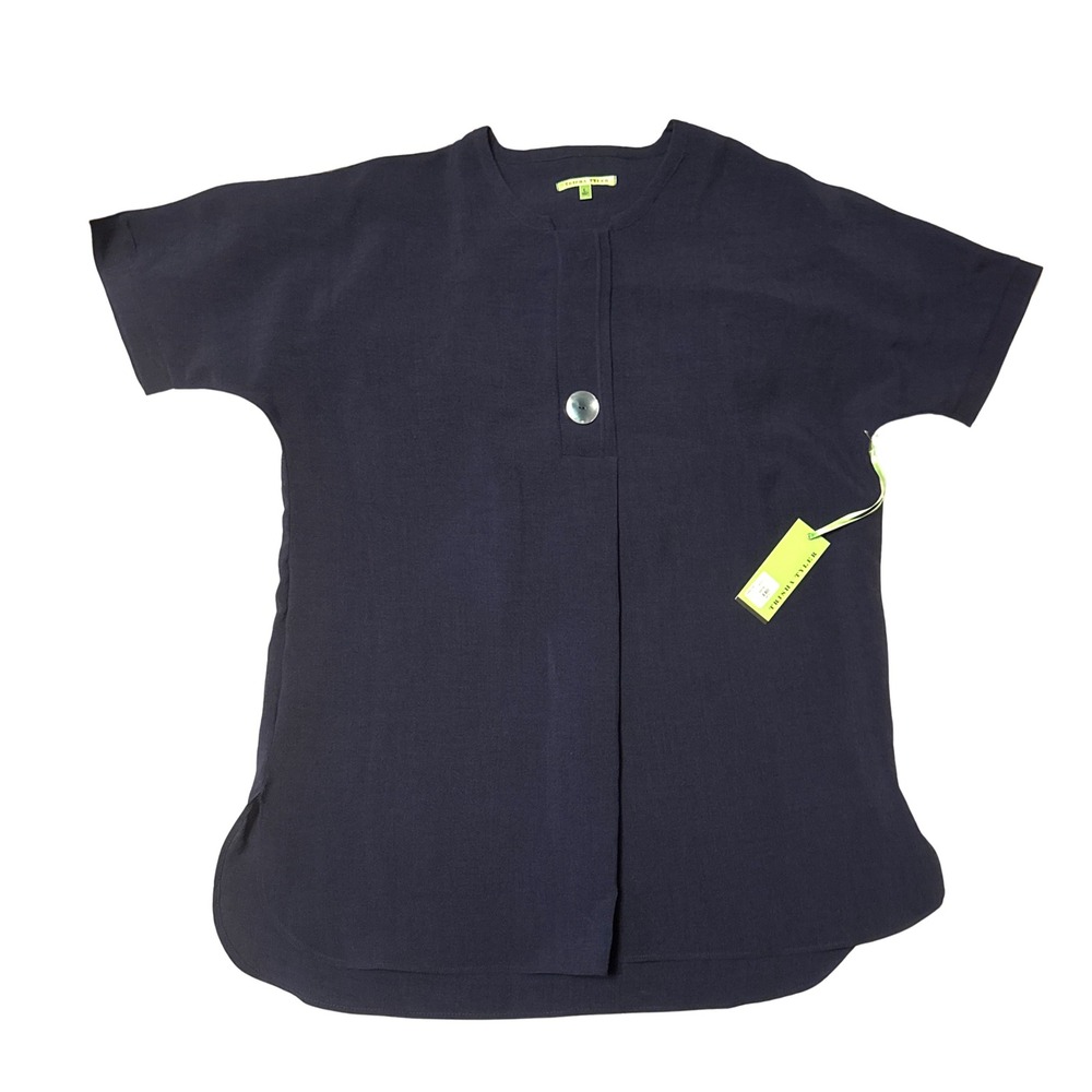 Trisha Tyler Womens Navy Blue Short Sleeve Button Tunic Top Size L NWT